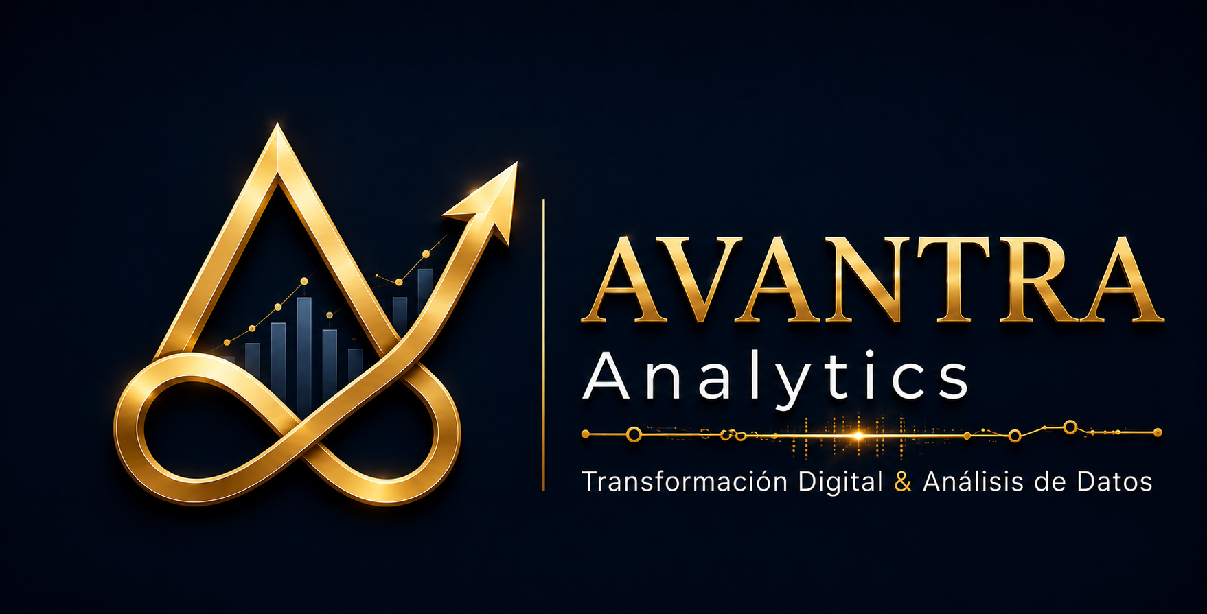 Logo AVANTRA Analytics: monograma dorado con flecha ascendente